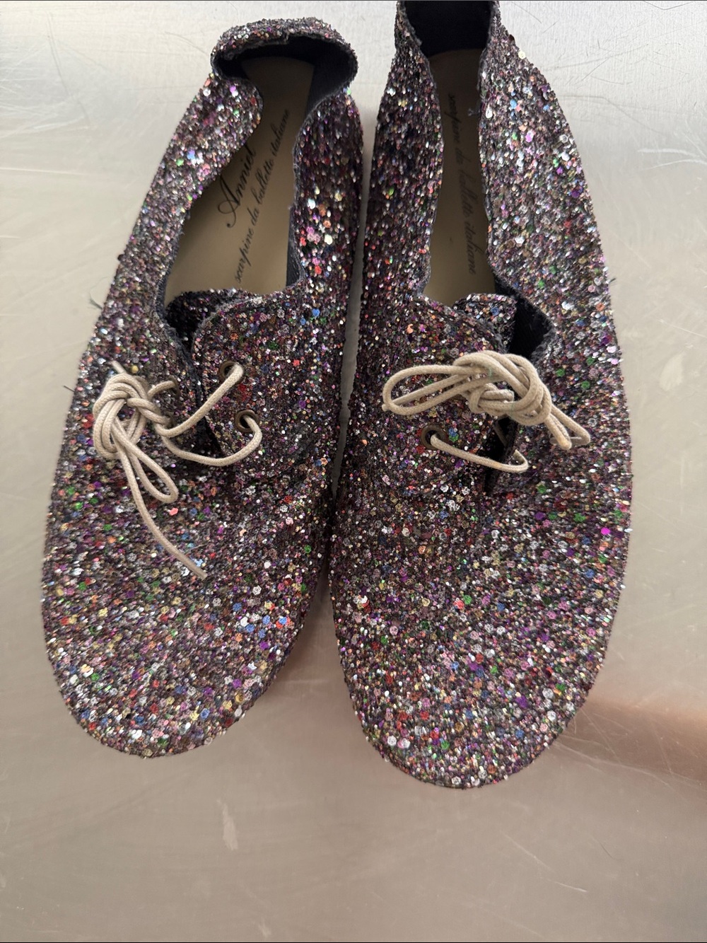 Anniel Multicolor Glitter Lace-Up Flats with Neutral Laces